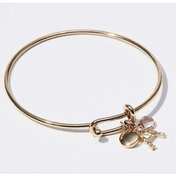 NWT LOFT Gold Tone Pave Rhinestone Initial Charm Bangle Bracelet - LETTER T - Picture 5 of 10